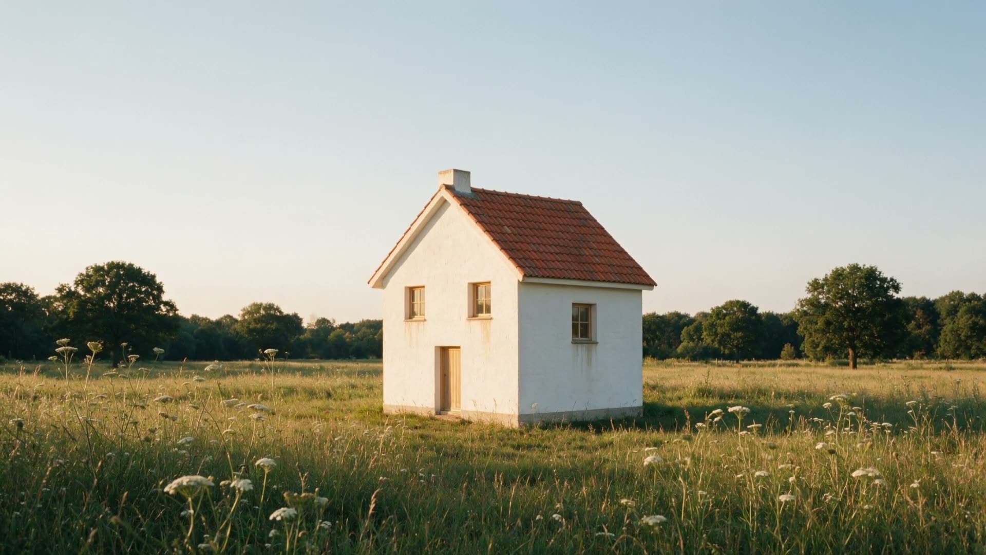 Maison archétype blanche dans une prairie à l'heure dorée